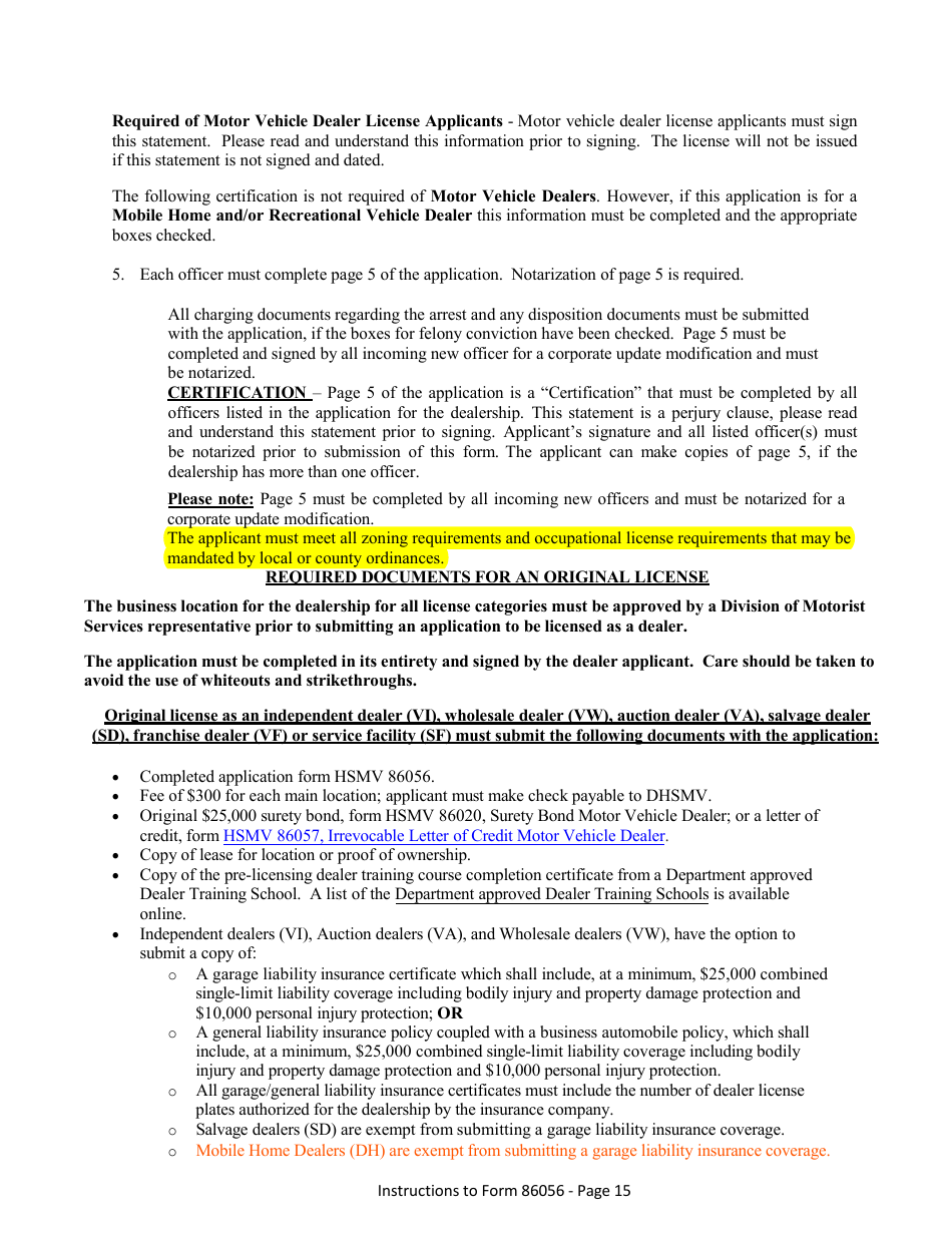Form HSMV86056 Application for a License as a Motor Vehicle, Mobile Home or Recreational Vehicle Dealer - Florida, Page 21