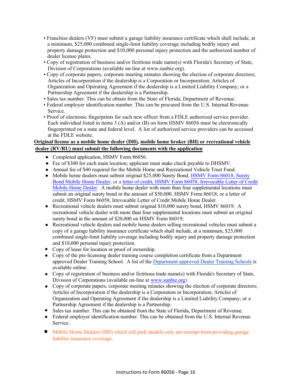 Form HSMV86056 Application for a License as a Motor Vehicle, Mobile Home or Recreational Vehicle Dealer - Florida, Page 22