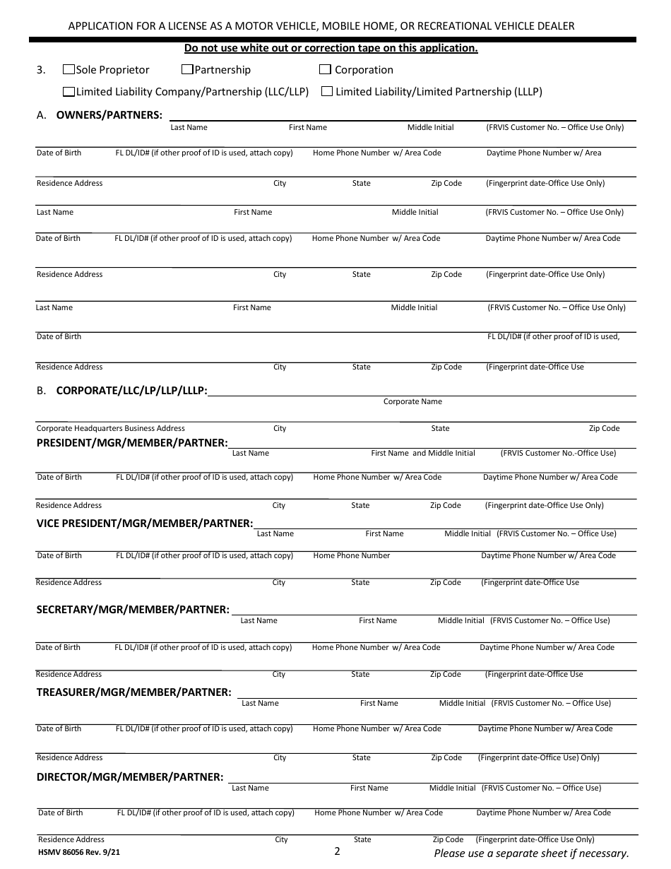 Form HSMV86056 Application for a License as a Motor Vehicle, Mobile Home or Recreational Vehicle Dealer - Florida, Page 2