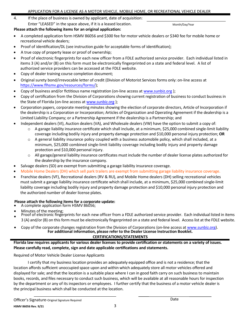 Form HSMV86056 Application for a License as a Motor Vehicle, Mobile Home or Recreational Vehicle Dealer - Florida, Page 3