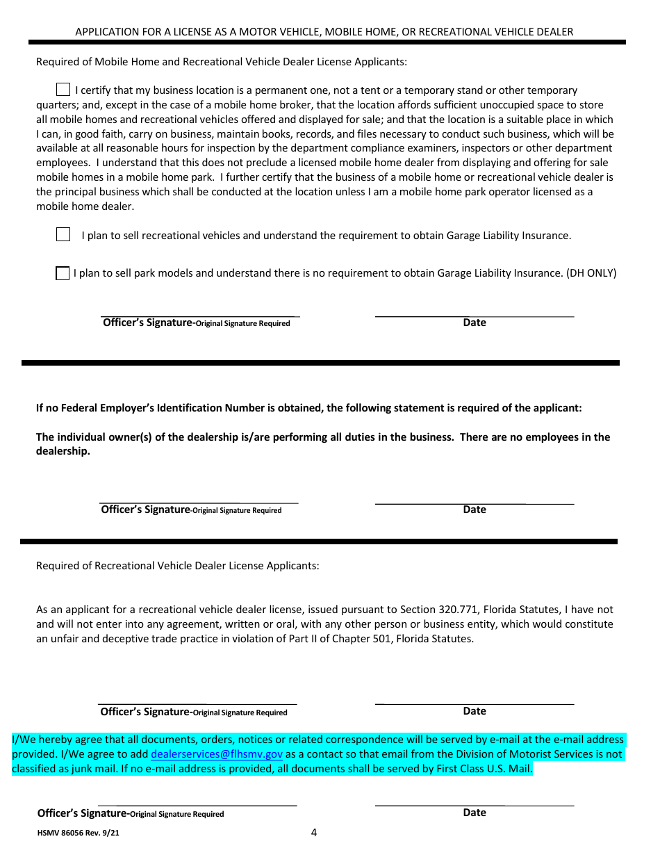 Form HSMV86056 Application for a License as a Motor Vehicle, Mobile Home or Recreational Vehicle Dealer - Florida, Page 4