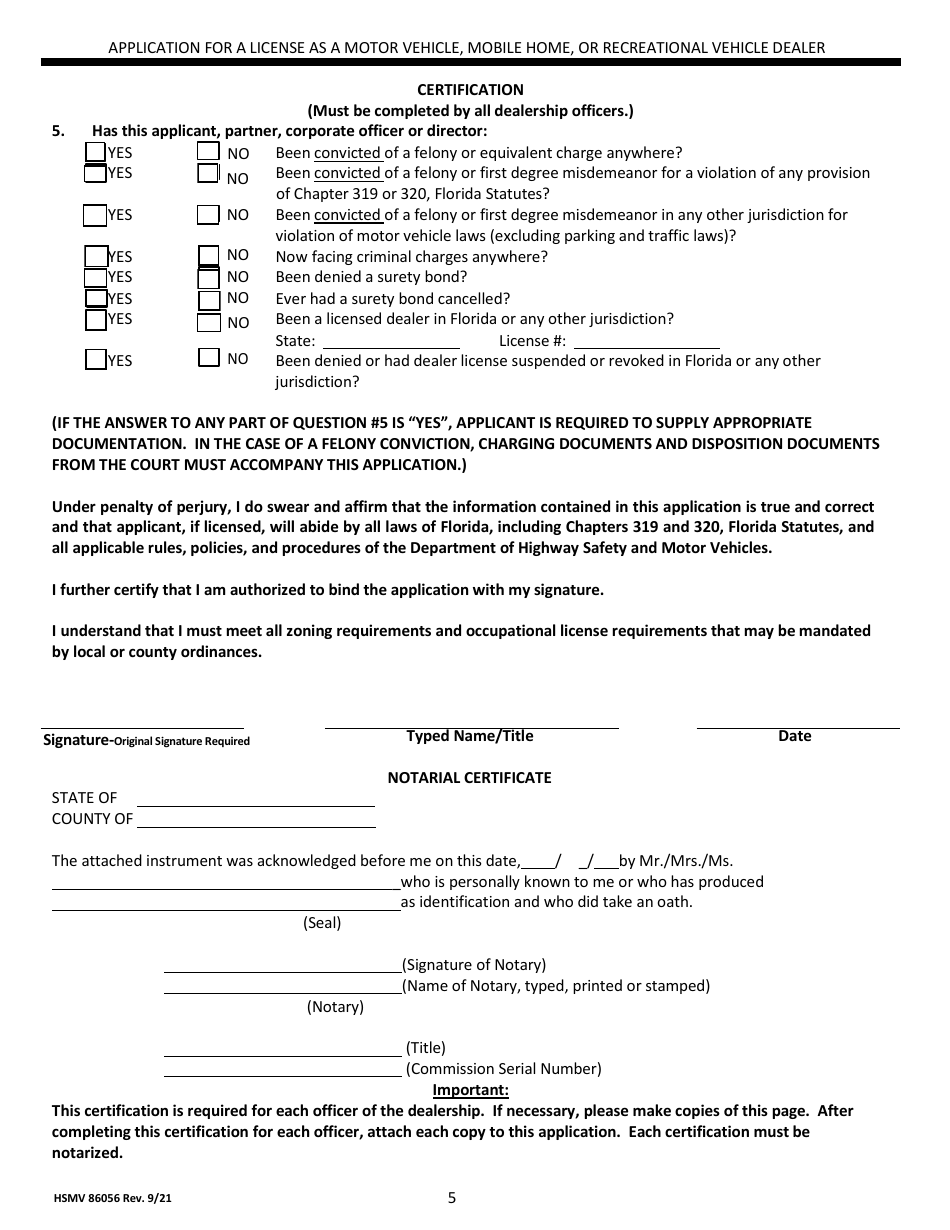 Form HSMV86056 Application for a License as a Motor Vehicle, Mobile Home or Recreational Vehicle Dealer - Florida, Page 5