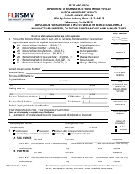 Document preview: Form HSMV84256 Application for a License as a Motor Vehicle or Recreational Vehicle Manufacturer, Importer, or Distributor or a Mobile Home Manufacturer - Florida