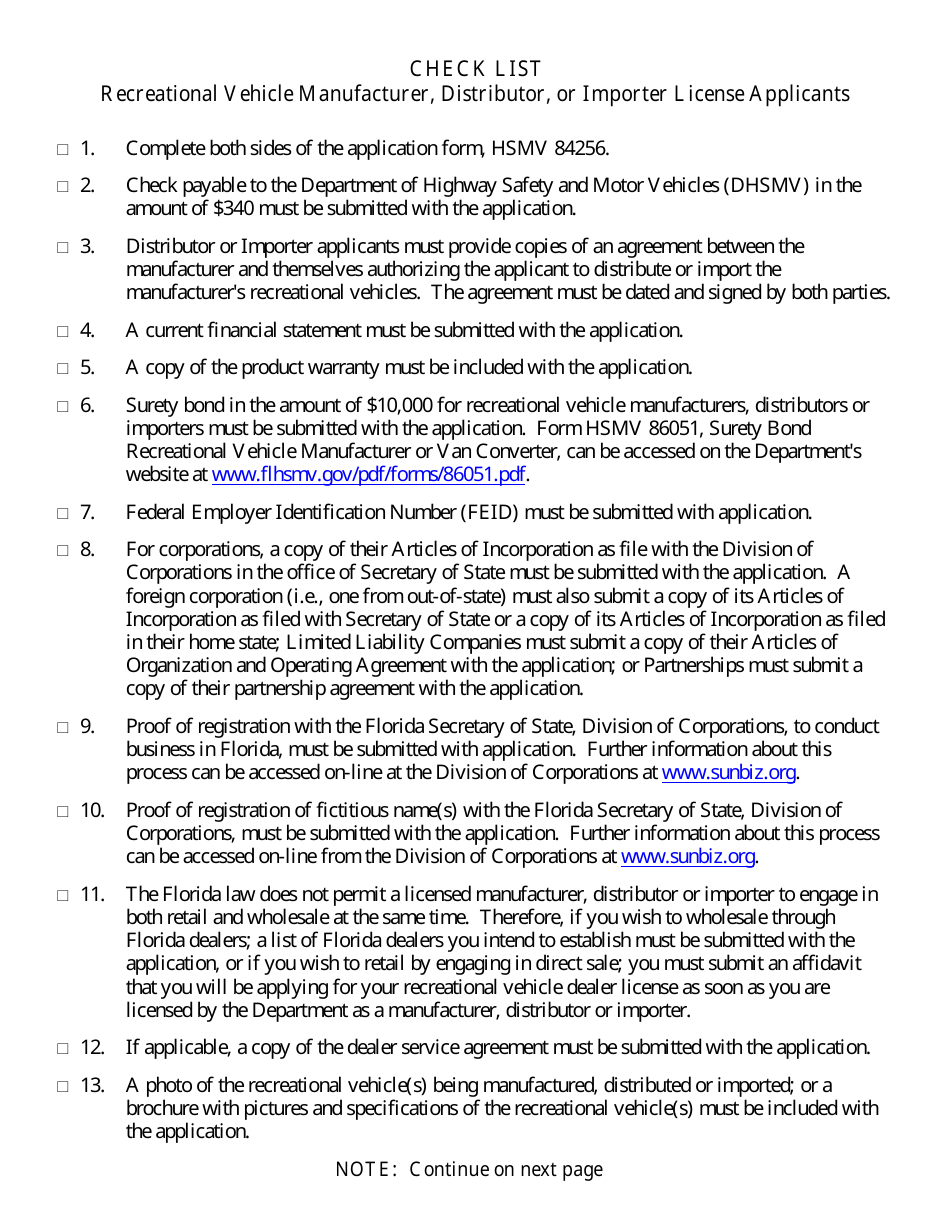 Form HSMV84256 Application for a License as a Motor Vehicle or Recreational Vehicle Manufacturer, Importer, or Distributor or a Mobile Home Manufacturer - Florida, Page 10