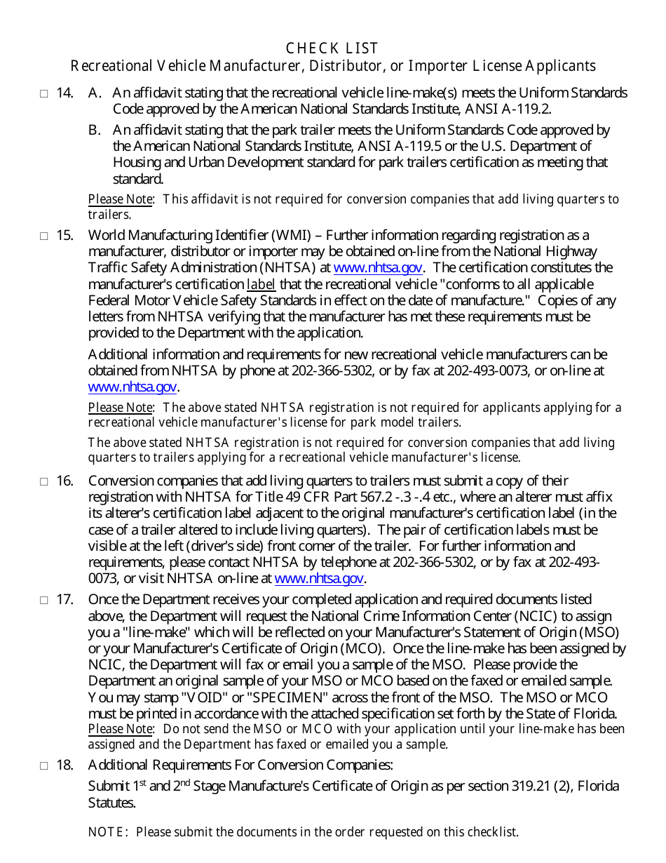Form HSMV84256 Application for a License as a Motor Vehicle or Recreational Vehicle Manufacturer, Importer, or Distributor or a Mobile Home Manufacturer - Florida, Page 11