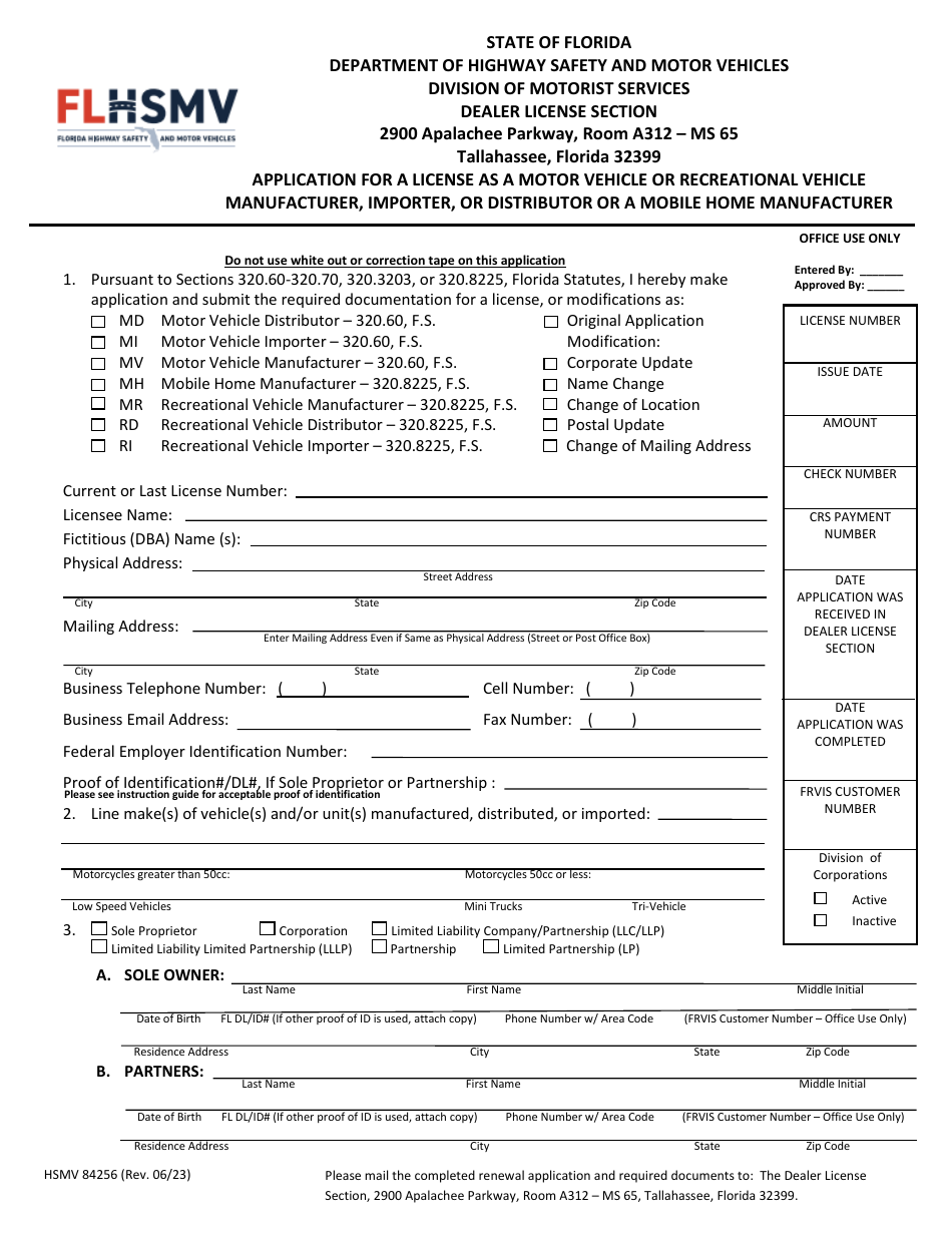 Form HSMV84256 Application for a License as a Motor Vehicle or Recreational Vehicle Manufacturer, Importer, or Distributor or a Mobile Home Manufacturer - Florida, Page 1