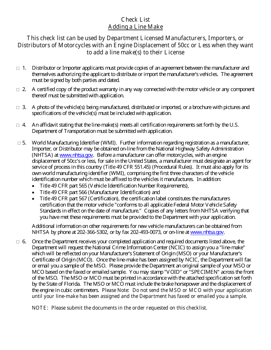 Form HSMV84256 Application for a License as a Motor Vehicle or Recreational Vehicle Manufacturer, Importer, or Distributor or a Mobile Home Manufacturer - Florida, Page 26