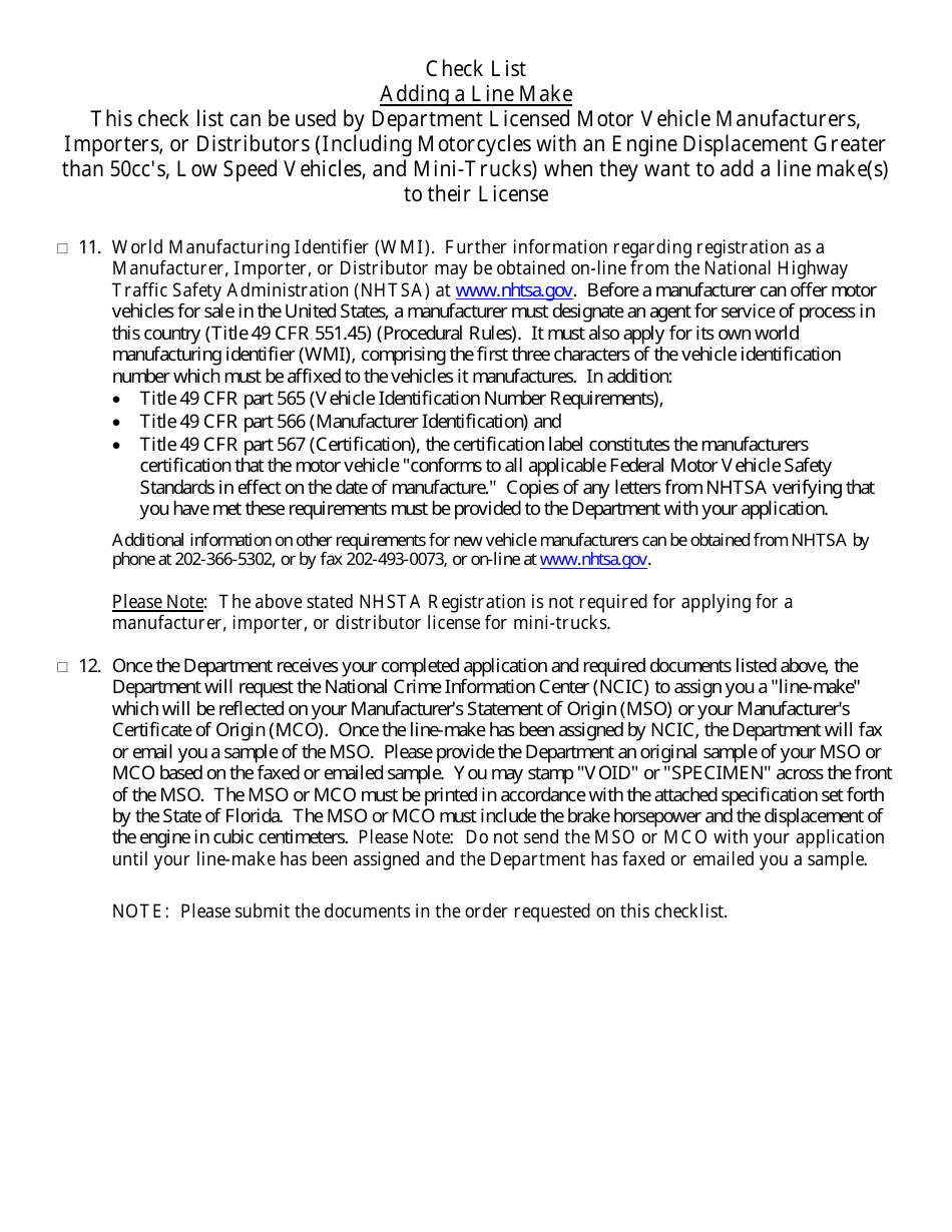 Form HSMV84256 Application for a License as a Motor Vehicle or Recreational Vehicle Manufacturer, Importer, or Distributor or a Mobile Home Manufacturer - Florida, Page 28