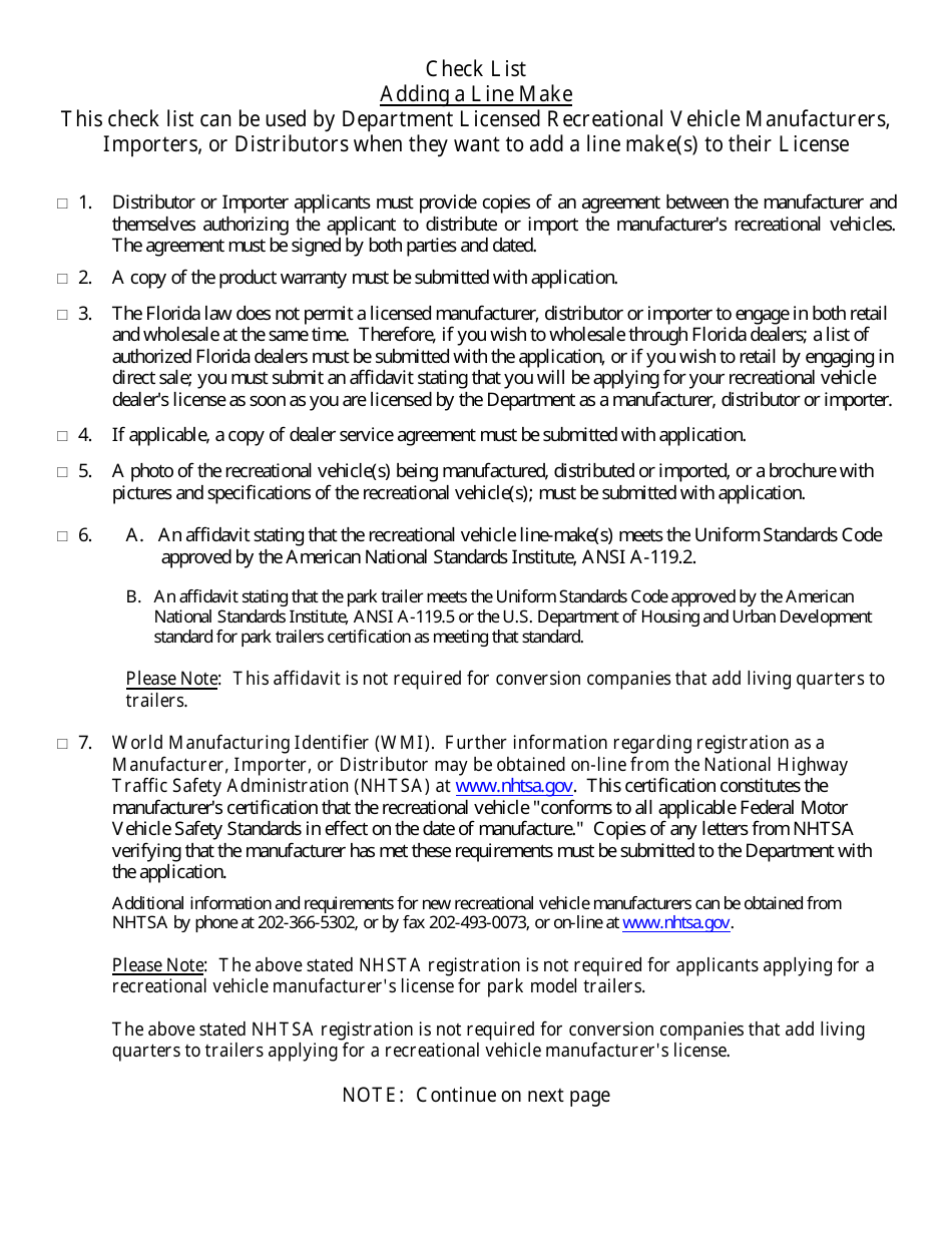 Form HSMV84256 Application for a License as a Motor Vehicle or Recreational Vehicle Manufacturer, Importer, or Distributor or a Mobile Home Manufacturer - Florida, Page 29
