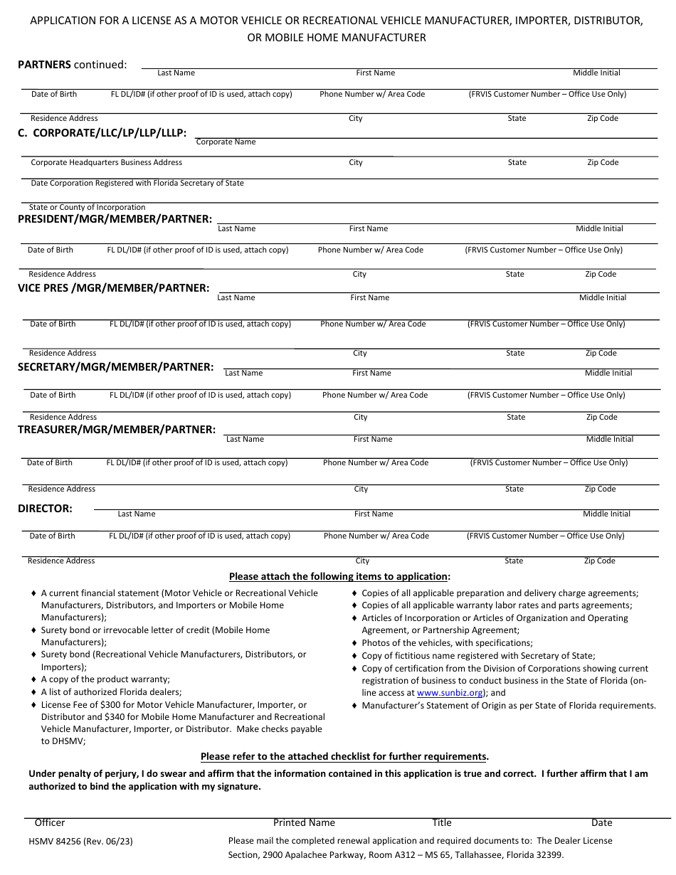 Form HSMV84256 Application for a License as a Motor Vehicle or Recreational Vehicle Manufacturer, Importer, or Distributor or a Mobile Home Manufacturer - Florida, Page 2