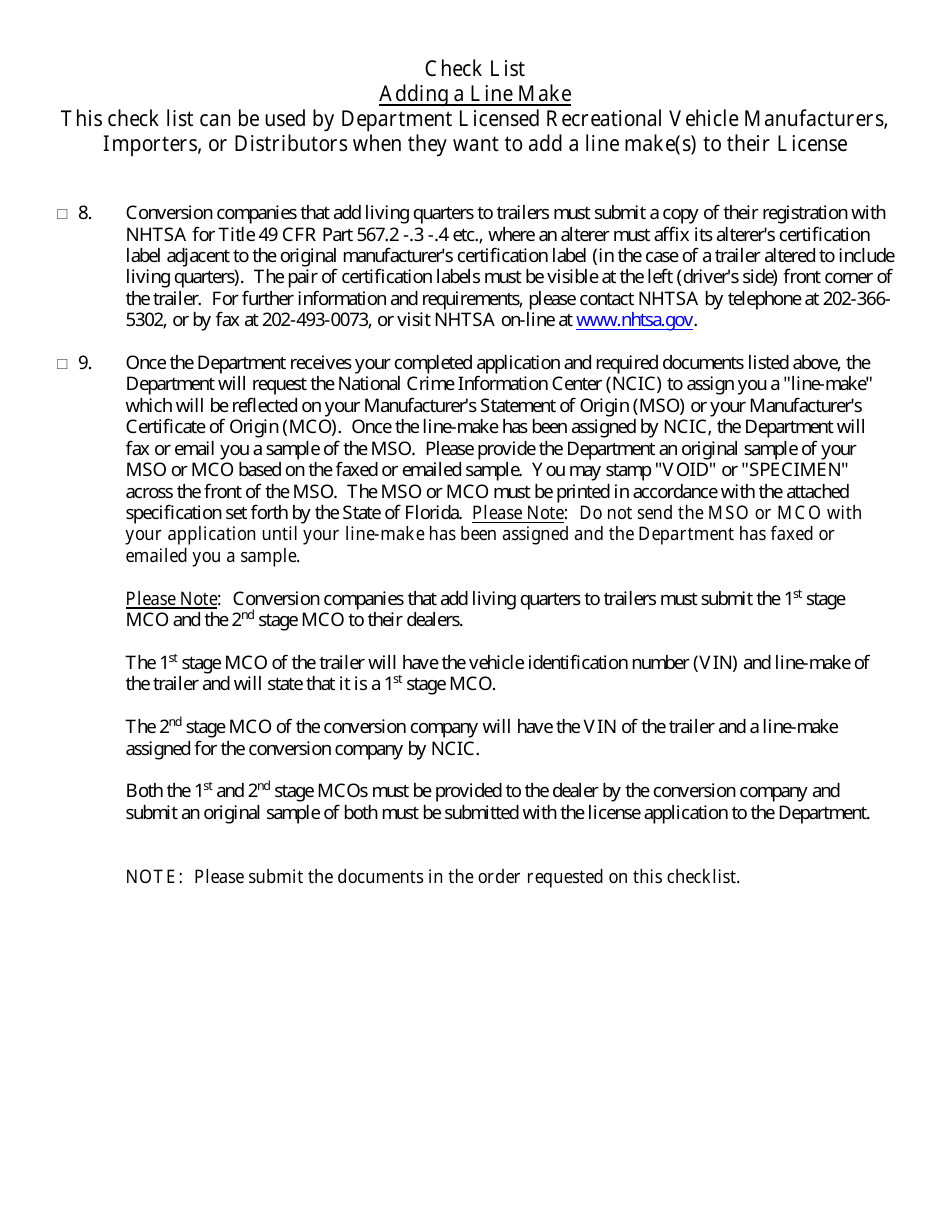 Form HSMV84256 Application for a License as a Motor Vehicle or Recreational Vehicle Manufacturer, Importer, or Distributor or a Mobile Home Manufacturer - Florida, Page 30