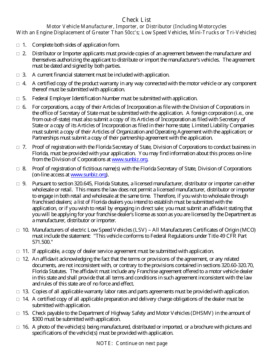 Form HSMV84256 Application for a License as a Motor Vehicle or Recreational Vehicle Manufacturer, Importer, or Distributor or a Mobile Home Manufacturer - Florida, Page 6
