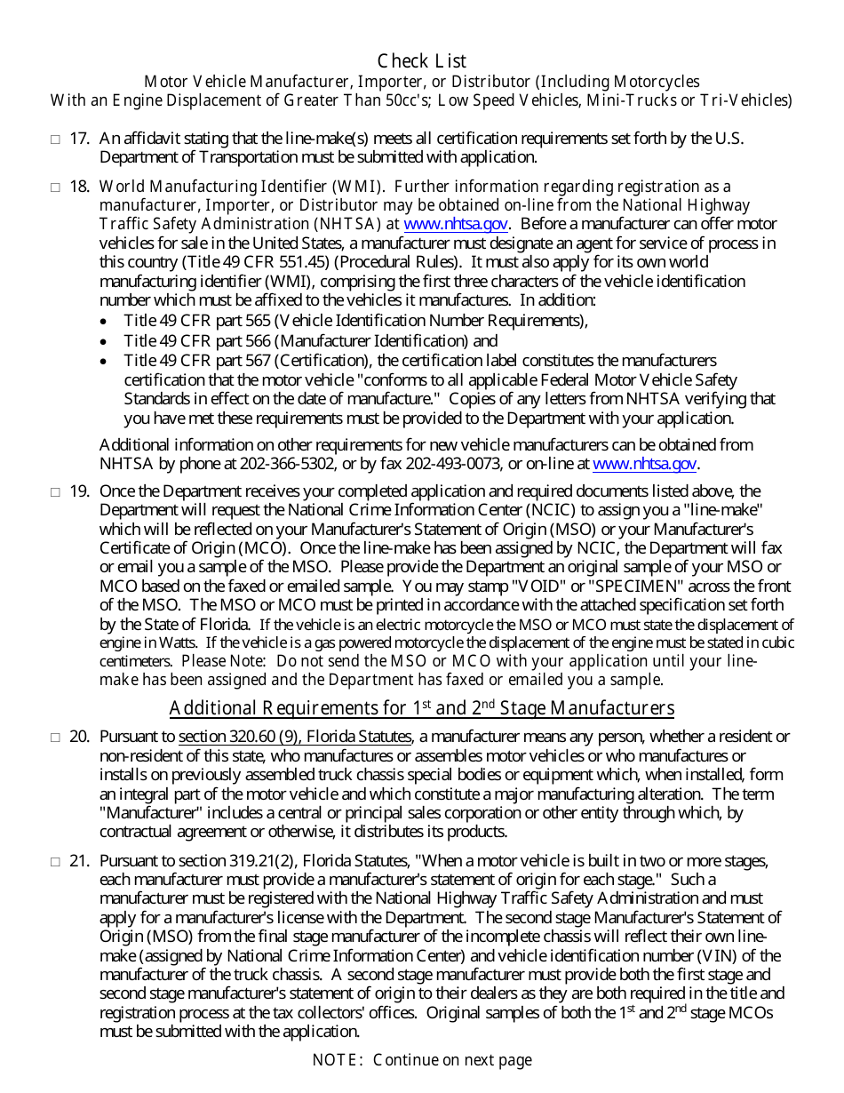 Form HSMV84256 Application for a License as a Motor Vehicle or Recreational Vehicle Manufacturer, Importer, or Distributor or a Mobile Home Manufacturer - Florida, Page 7