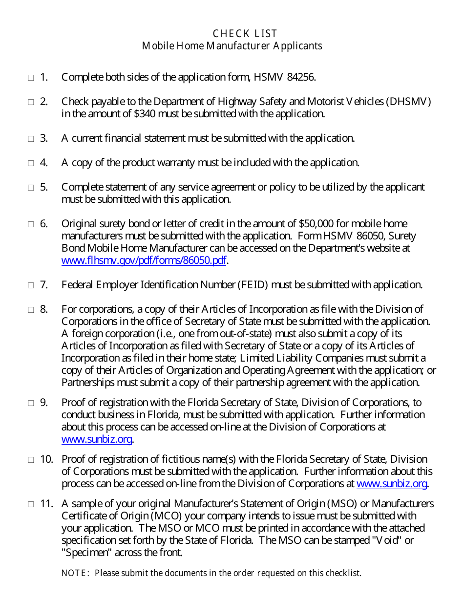 Form HSMV84256 Application for a License as a Motor Vehicle or Recreational Vehicle Manufacturer, Importer, or Distributor or a Mobile Home Manufacturer - Florida, Page 9