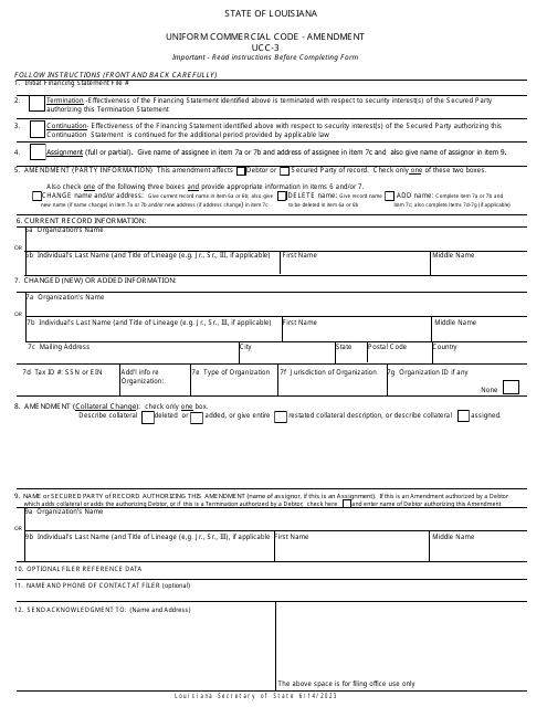 Form UCC-3 Uniform Commercial Code - Amendment - Louisiana