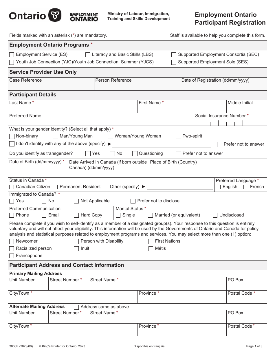 Form 3006E Employment Ontario Participant Registration - Ontario, Canada, Page 1