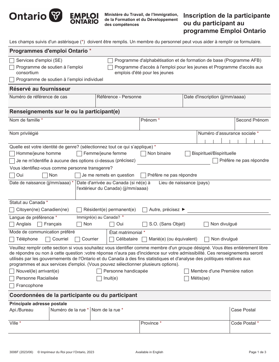 Forme 3006F Inscription De La Participante Ou Du Participant Au Programme Emploi Ontario - Ontario, Canada (French), Page 1