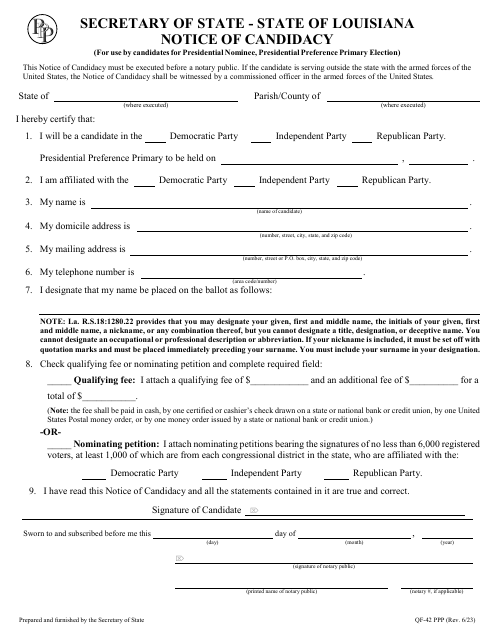 Form QF-42 PPP Notice of Candidacy (For Use by Candidates for Presidential Nominee, Presidential Preference Primary Election) - Louisiana