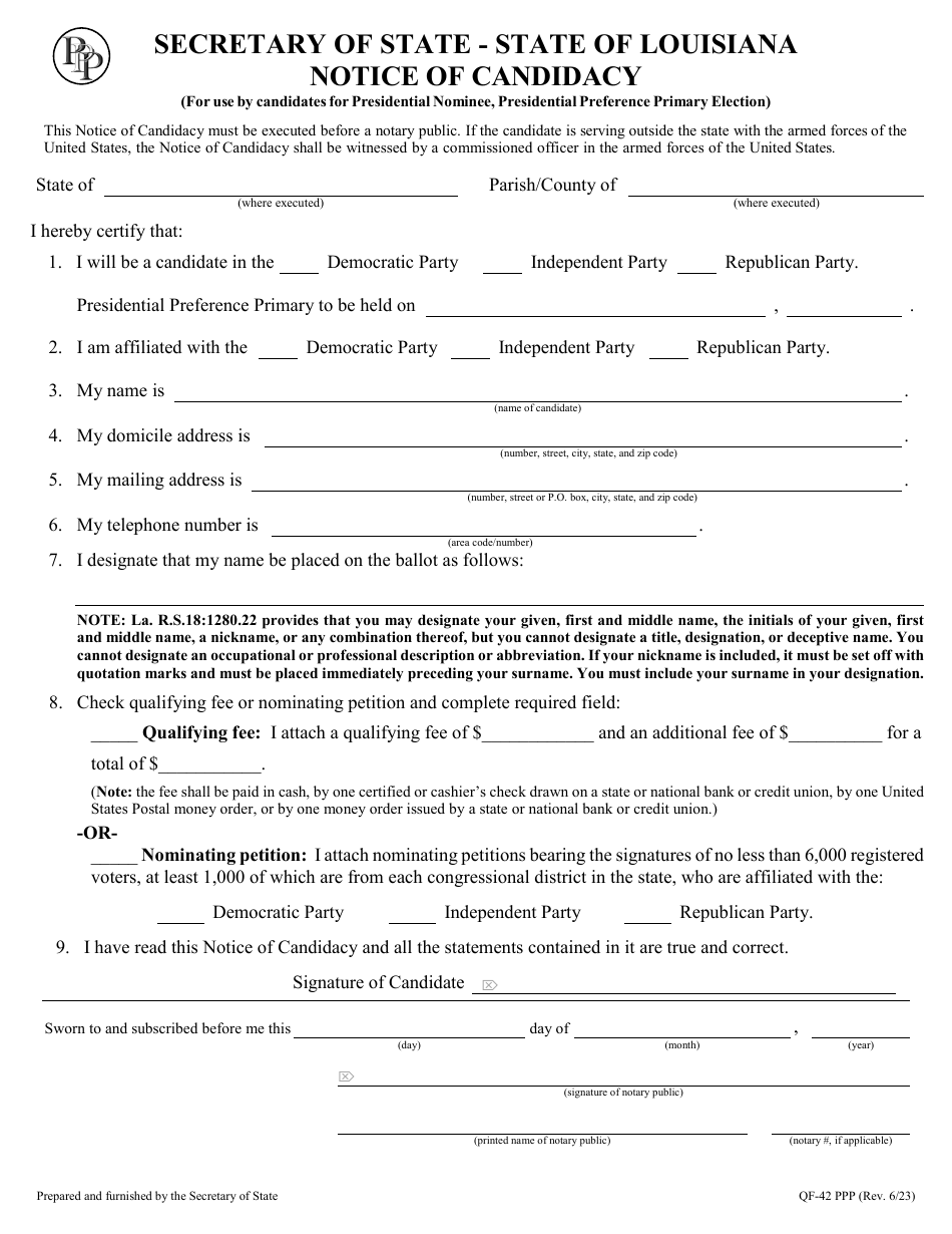 Form QF-42 PPP Notice of Candidacy (For Use by Candidates for Presidential Nominee, Presidential Preference Primary Election) - Louisiana, Page 1