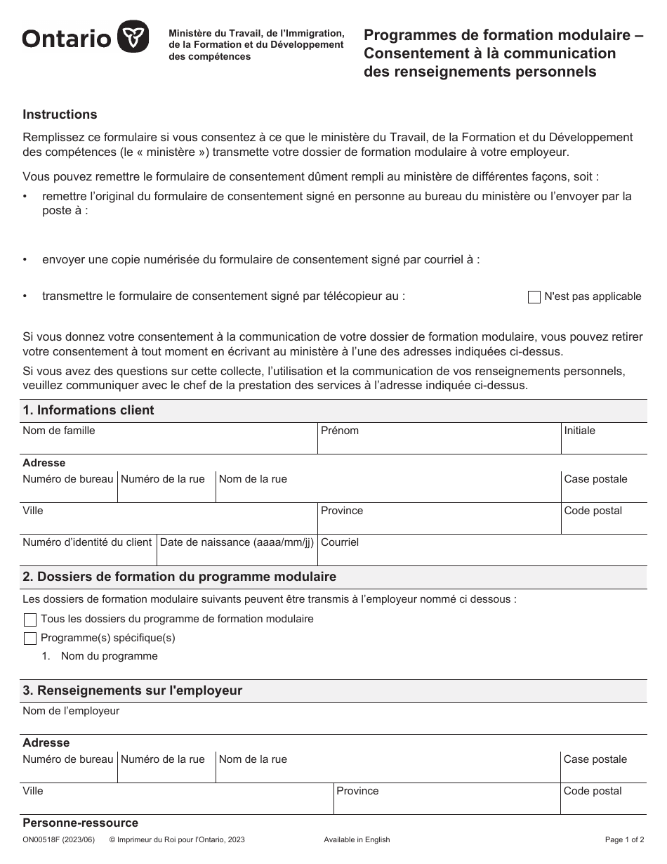Forme ON00518F Consentement a La Communication DES Renseignements Personnels - Programmes De Formation Modulaire - Ontario, Canada (French), Page 1