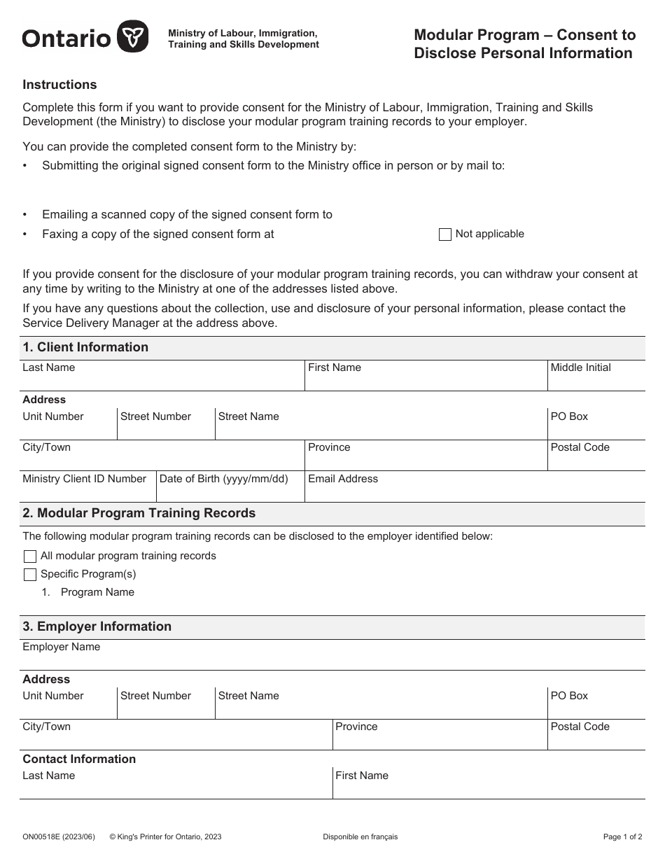 Form ON00518E Consent to Disclose Personal Information - Modular Program - Ontario, Canada, Page 1