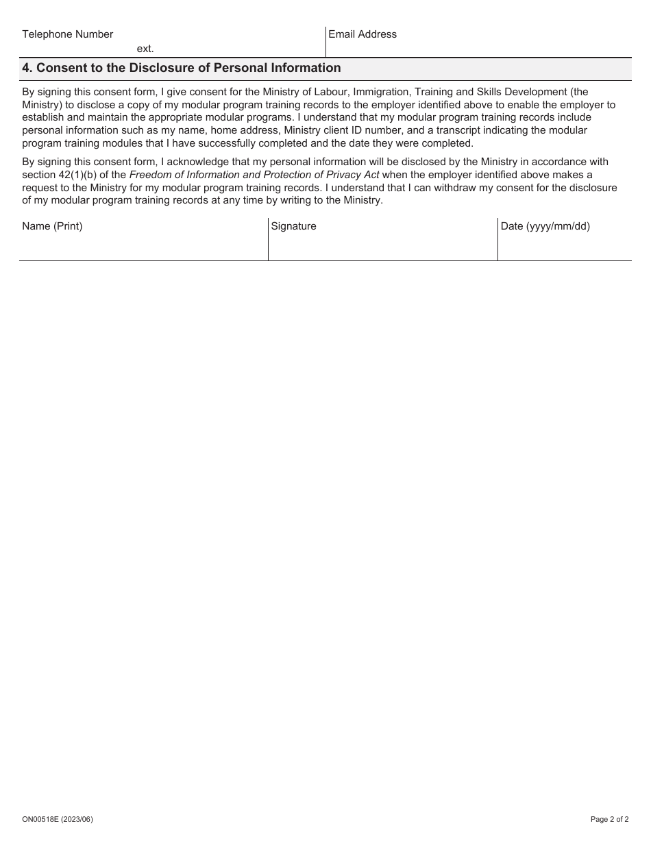 Form ON00518E Consent to Disclose Personal Information - Modular Program - Ontario, Canada, Page 2