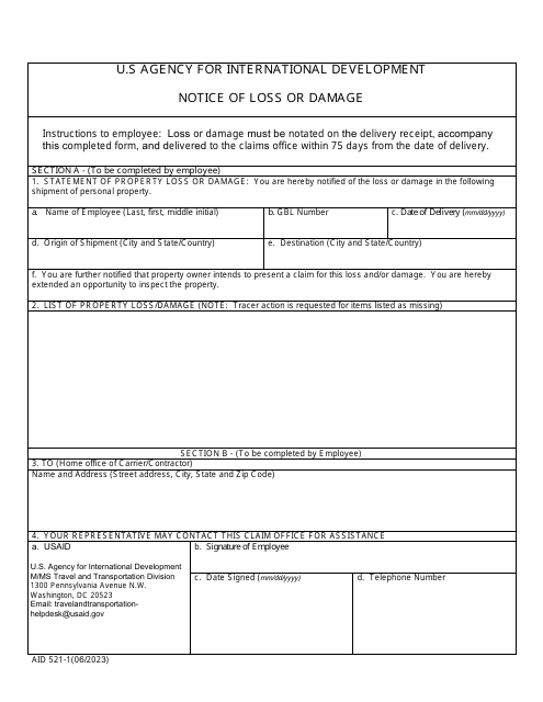 Form AID521-1 Notice of Loss or Damage