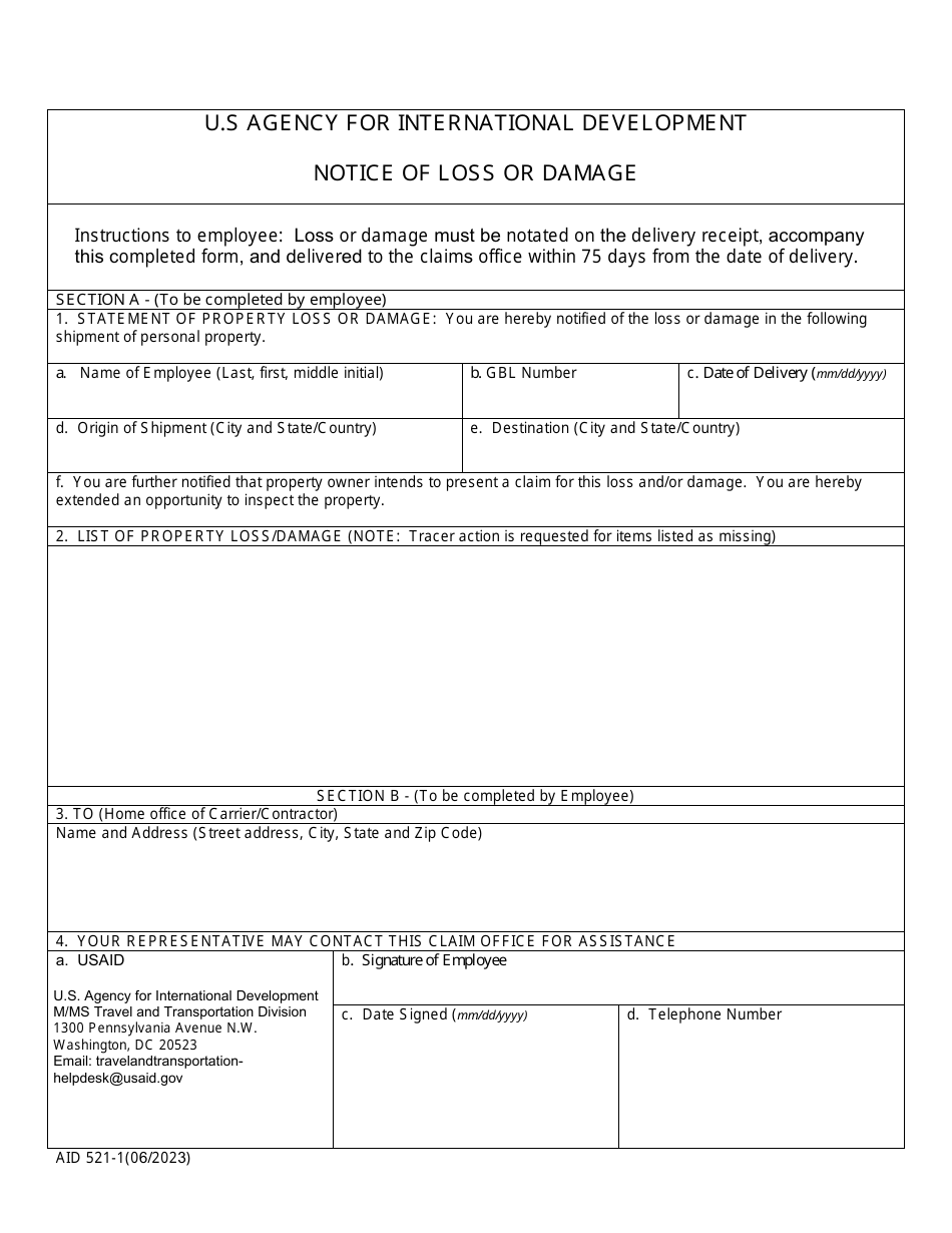 Form AID521-1 Notice of Loss or Damage, Page 1