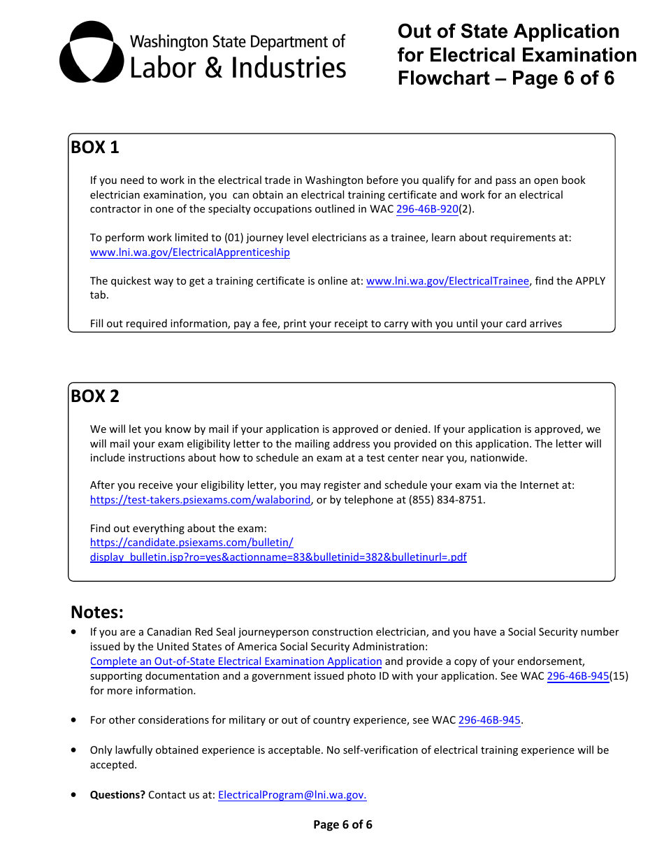 Form F626-009-000 Out of State Application for Electrical Examination - Washington, Page 6