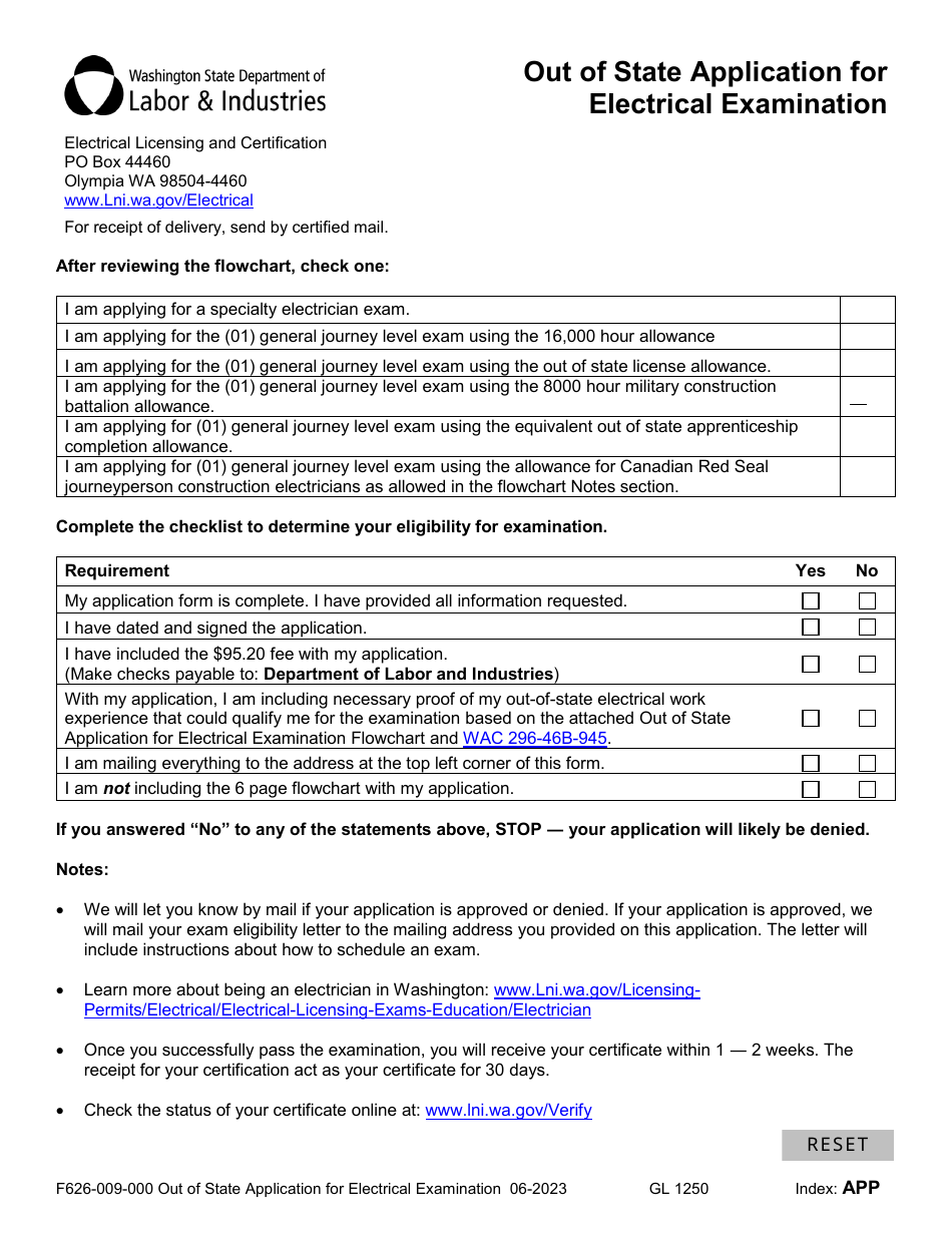 Form F626-009-000 Out of State Application for Electrical Examination - Washington, Page 7