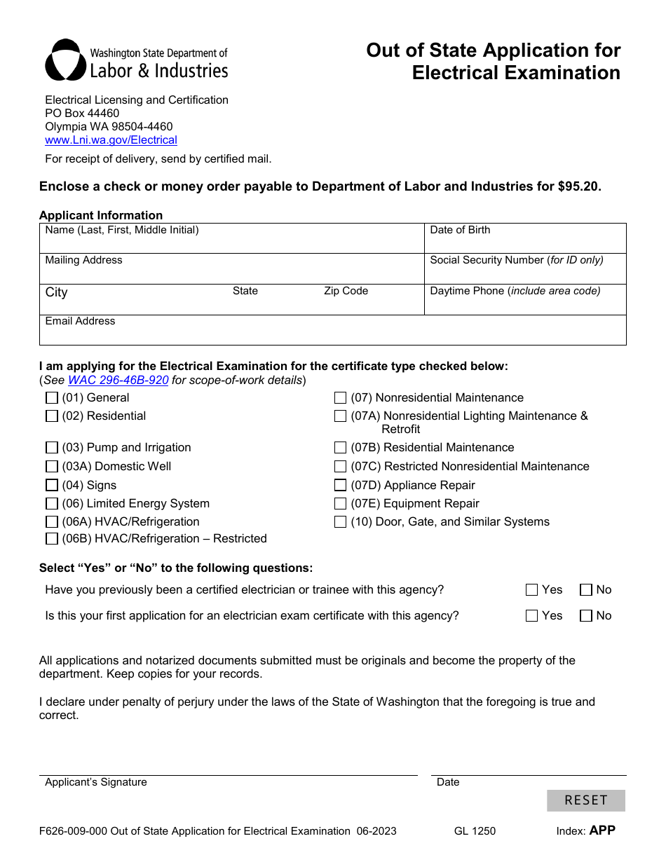 Form F626-009-000 Out of State Application for Electrical Examination - Washington, Page 8