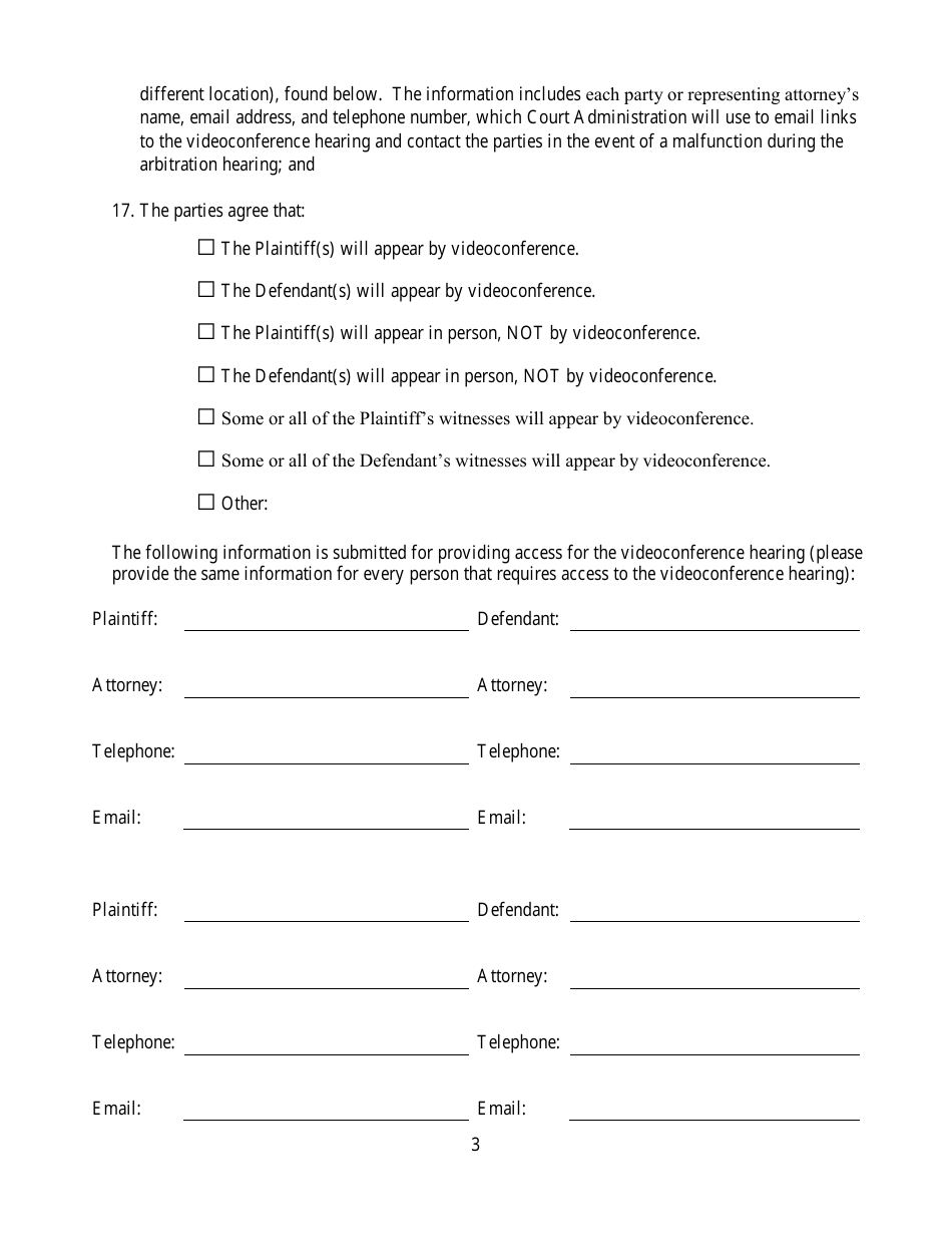 Agreement to Conduct Arbitration Hearing by Videoconference - Luzerne County, Pennsylvania, Page 3