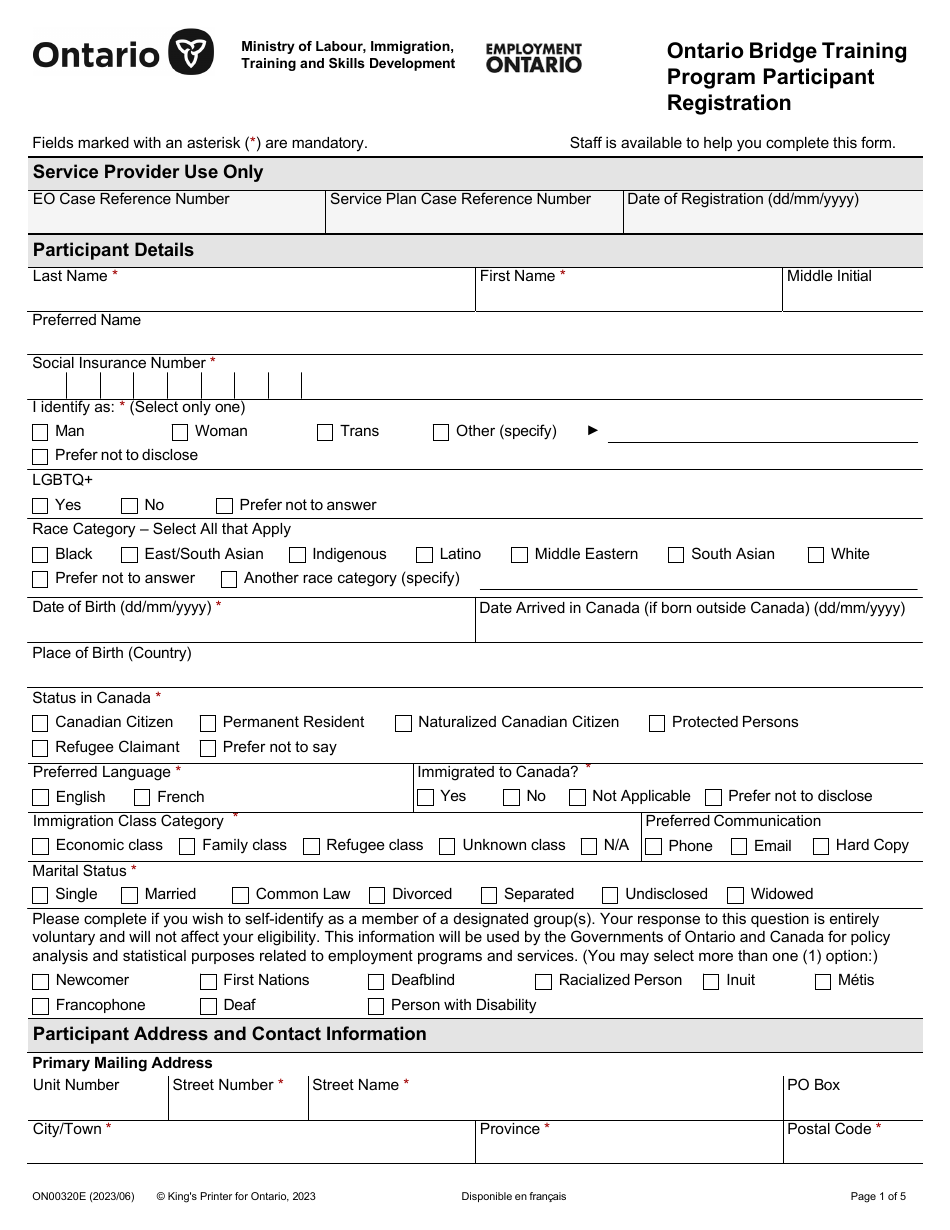 Form ON00320E Ontario Bridge Training Program Participant Registration - Ontario, Canada, Page 1