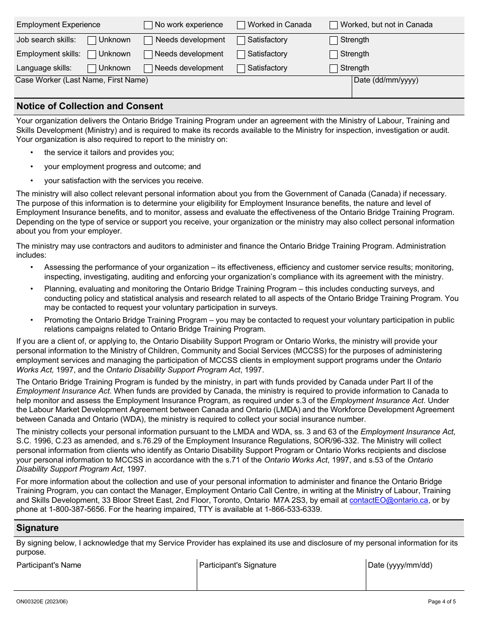 Form ON00320E Ontario Bridge Training Program Participant Registration - Ontario, Canada, Page 4