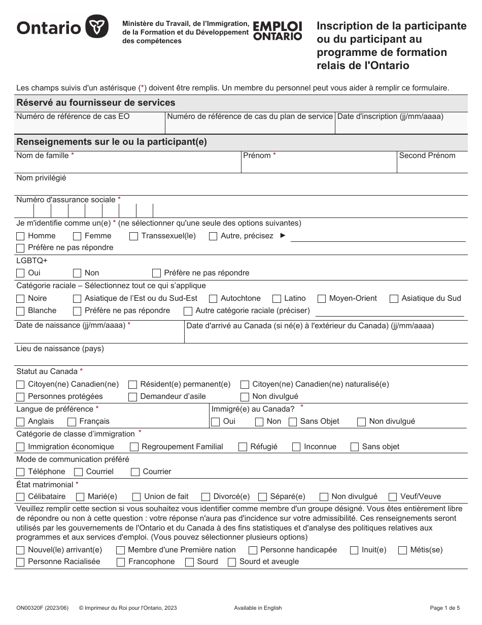 Forme ON00320F Inscription De La Participante Ou Du Participant Au Programme De Formation Relais De Lontario - Ontario, Canada (French), Page 1