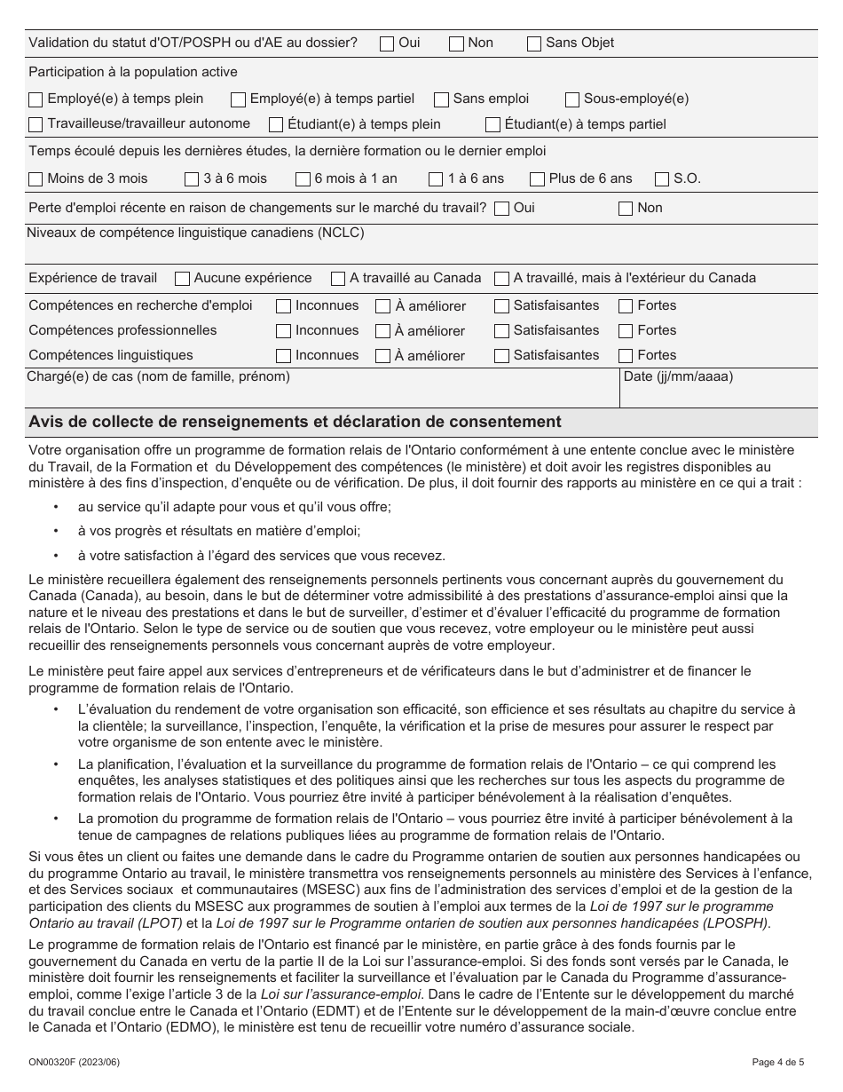 Forme ON00320F Inscription De La Participante Ou Du Participant Au Programme De Formation Relais De Lontario - Ontario, Canada (French), Page 4