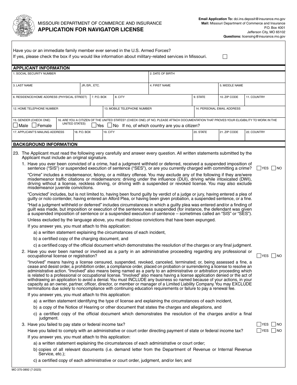 Form MO375-0892 Application for Navigator License - Missouri, Page 1