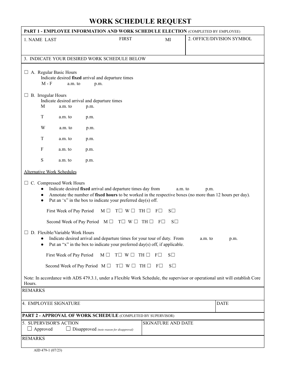 Form AID479-1 Work Schedule Request, Page 1