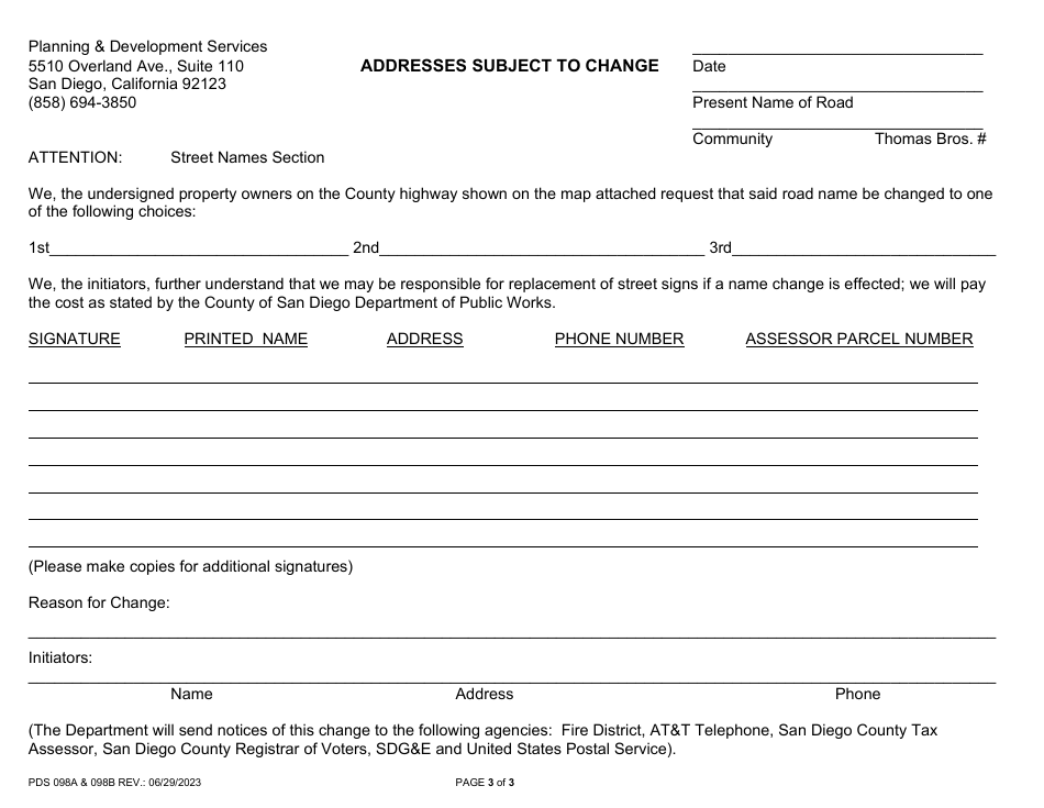 Form PDS098A (PDS098B) Change the Name of a County Road - County of San Diego, California, Page 3