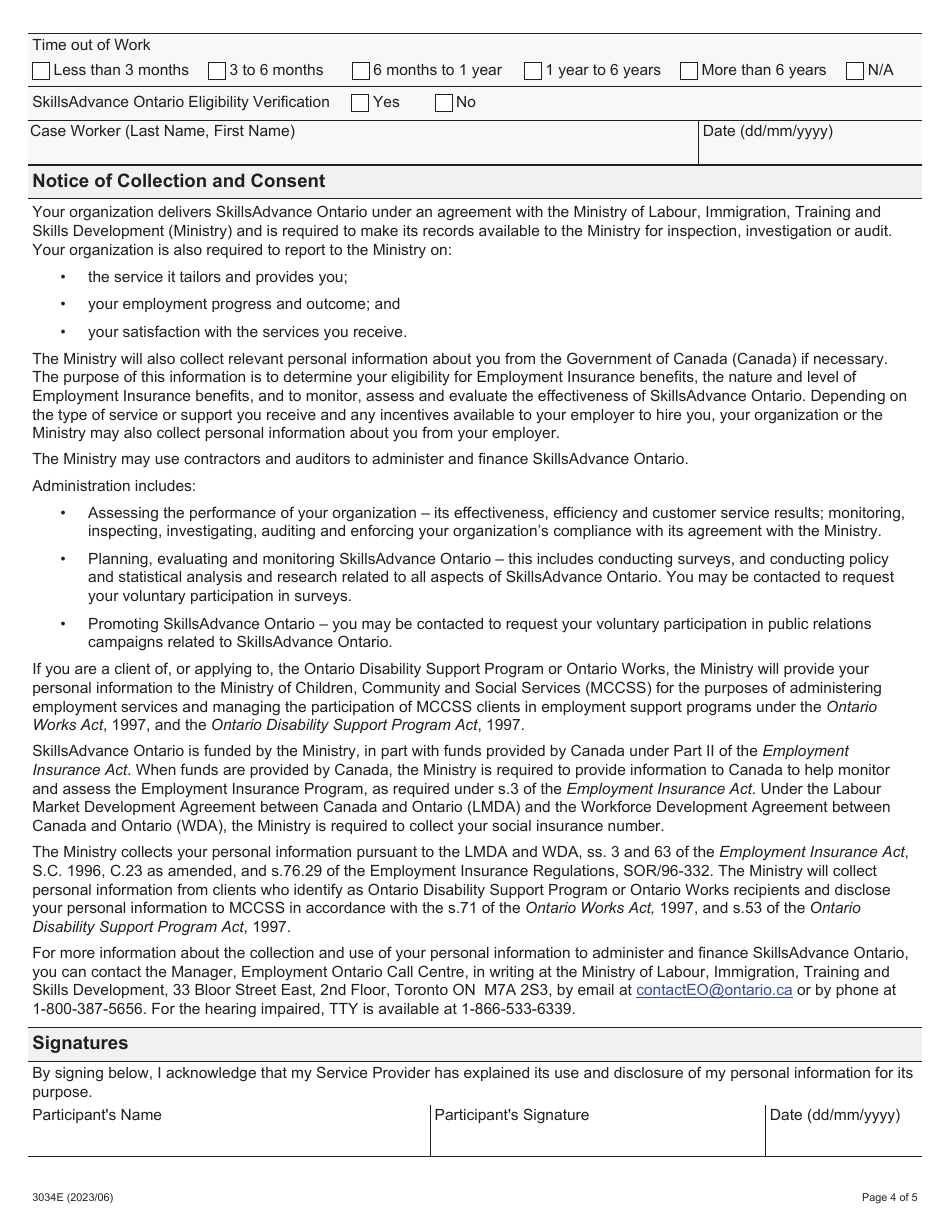 Form 3034E Skillsadvance Ontario Participant Registration - Ontario, Canada, Page 4