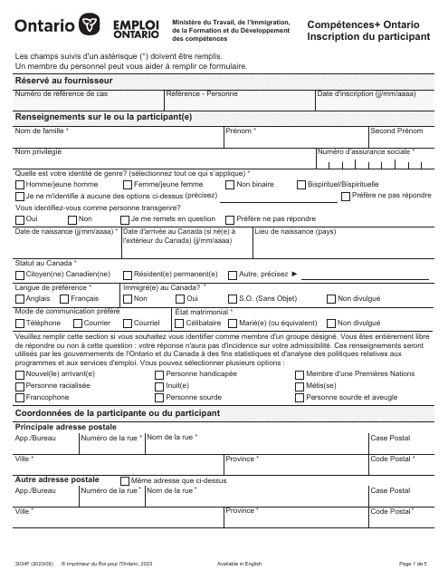 Forme 3034F Competences+ Ontario Inscription Du Participant - Ontario, Canada (French)