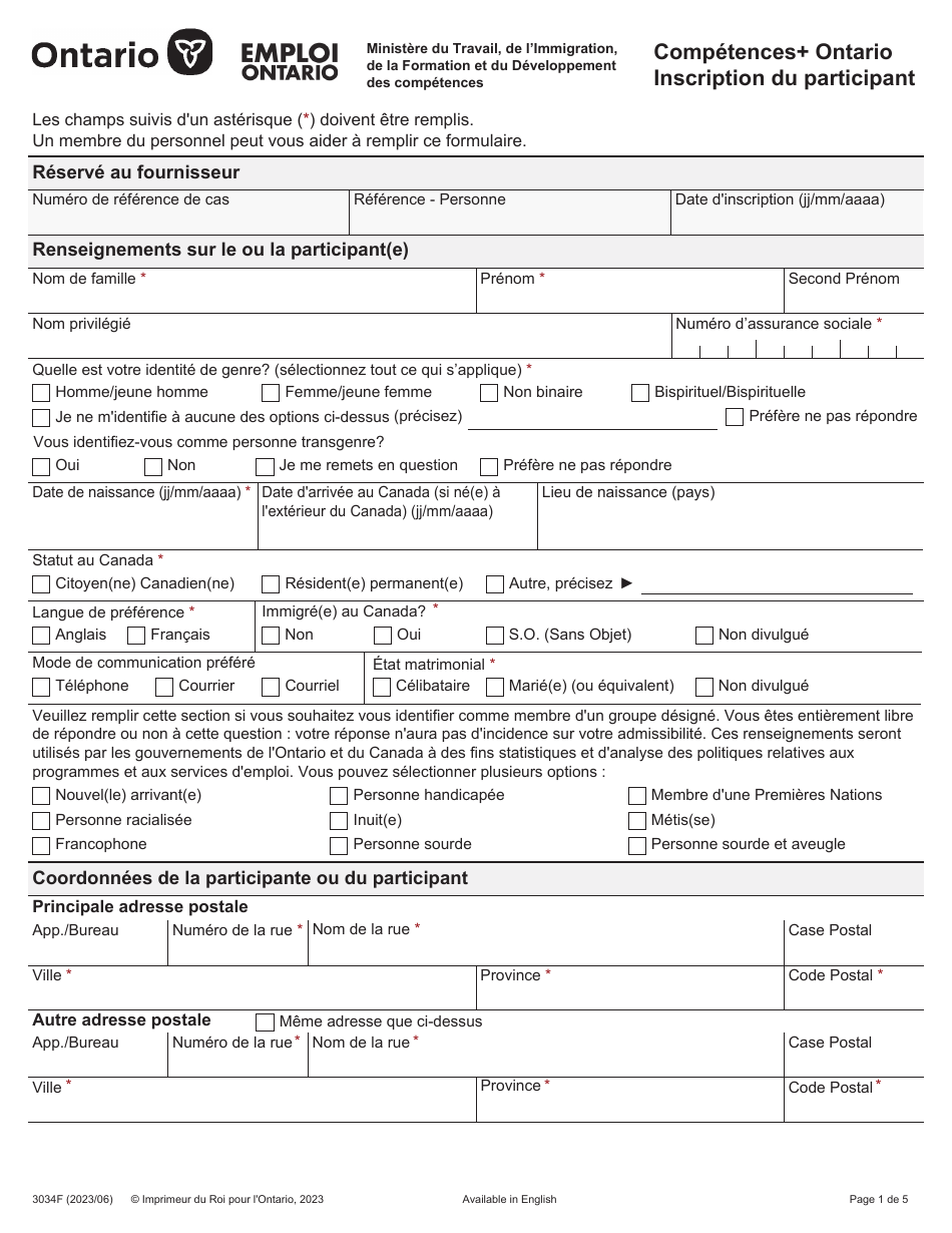 Forme 3034F Competences+ Ontario Inscription Du Participant - Ontario, Canada (French), Page 1