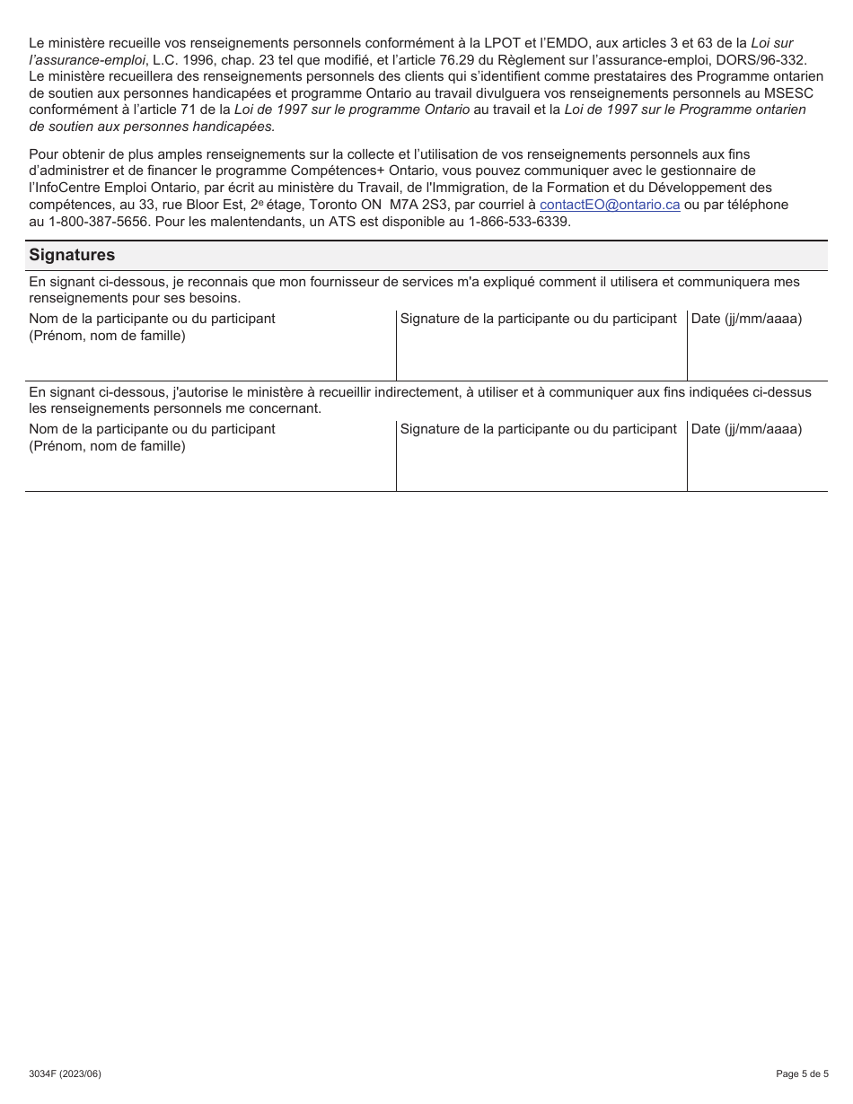 Forme 3034F Competences+ Ontario Inscription Du Participant - Ontario, Canada (French), Page 5