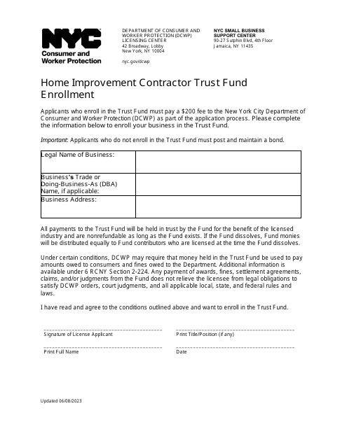 Home Improvement Contractor Trust Fund Enrollment - New York City Download Pdf
