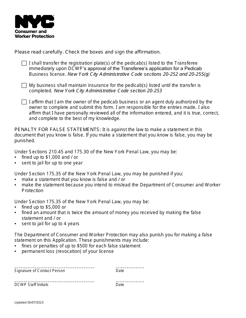 Transfer of Pedicab Registration Plates Affirmation - New York City, Page 3