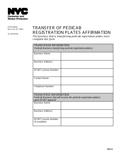 Transfer of Pedicab Registration Plates Affirmation - New York City Download Pdf