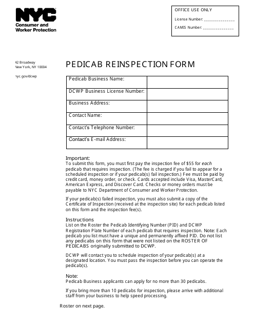 Pedicab Reinspection Form - New York City
