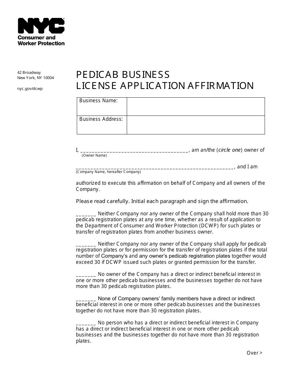 Pedicab Business License Application Affirmation - New York City, Page 1