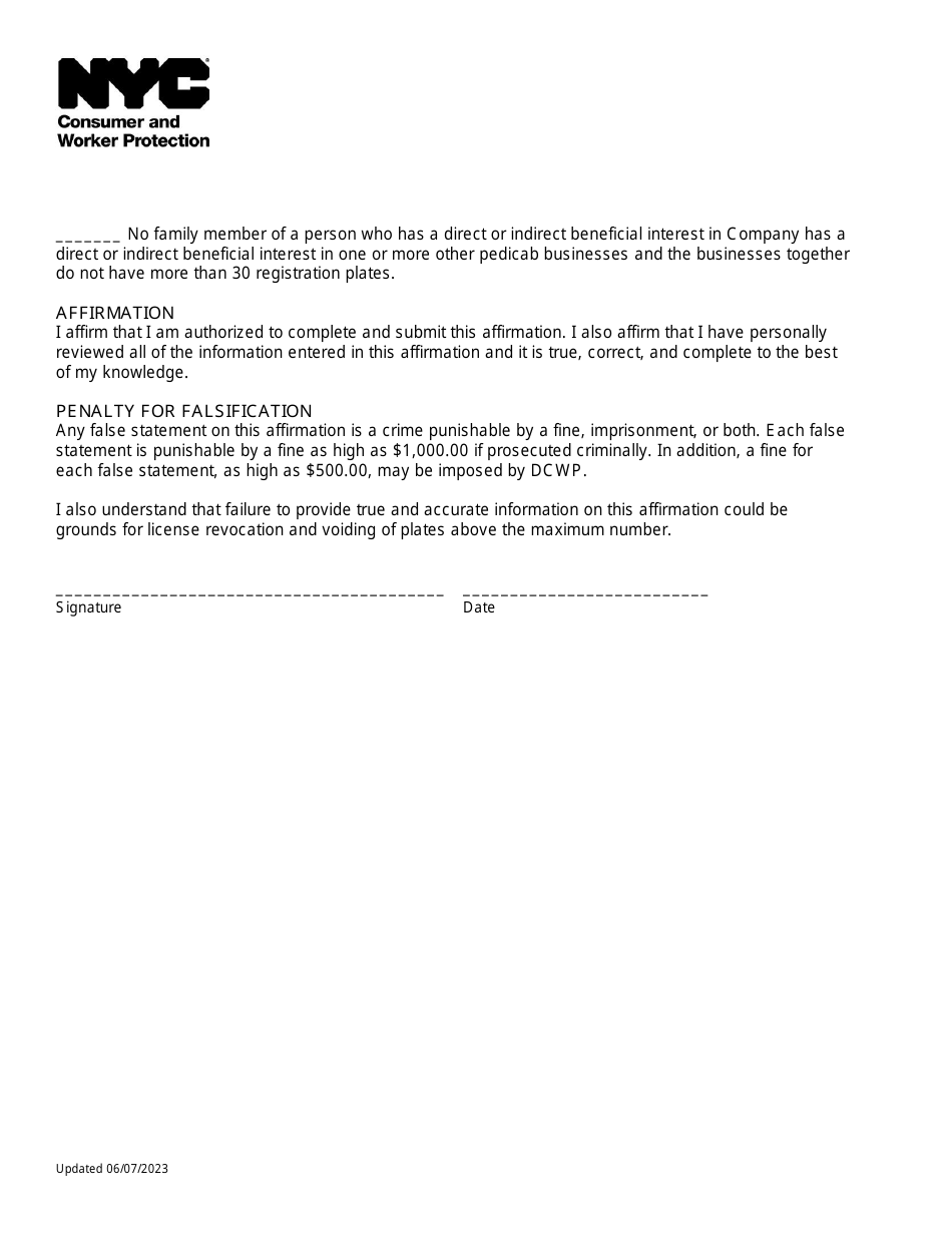Pedicab Business License Application Affirmation - New York City, Page 2