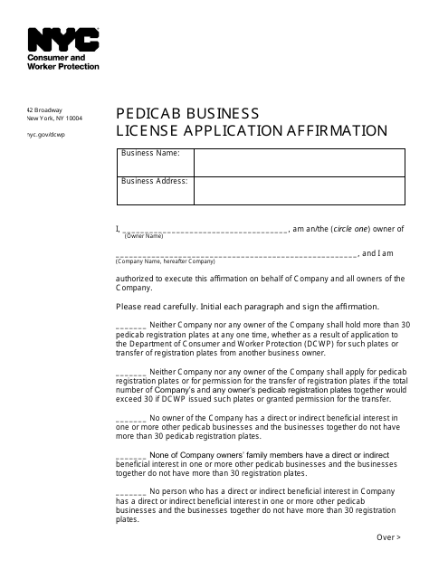 Pedicab Business License Application Affirmation - New York City
